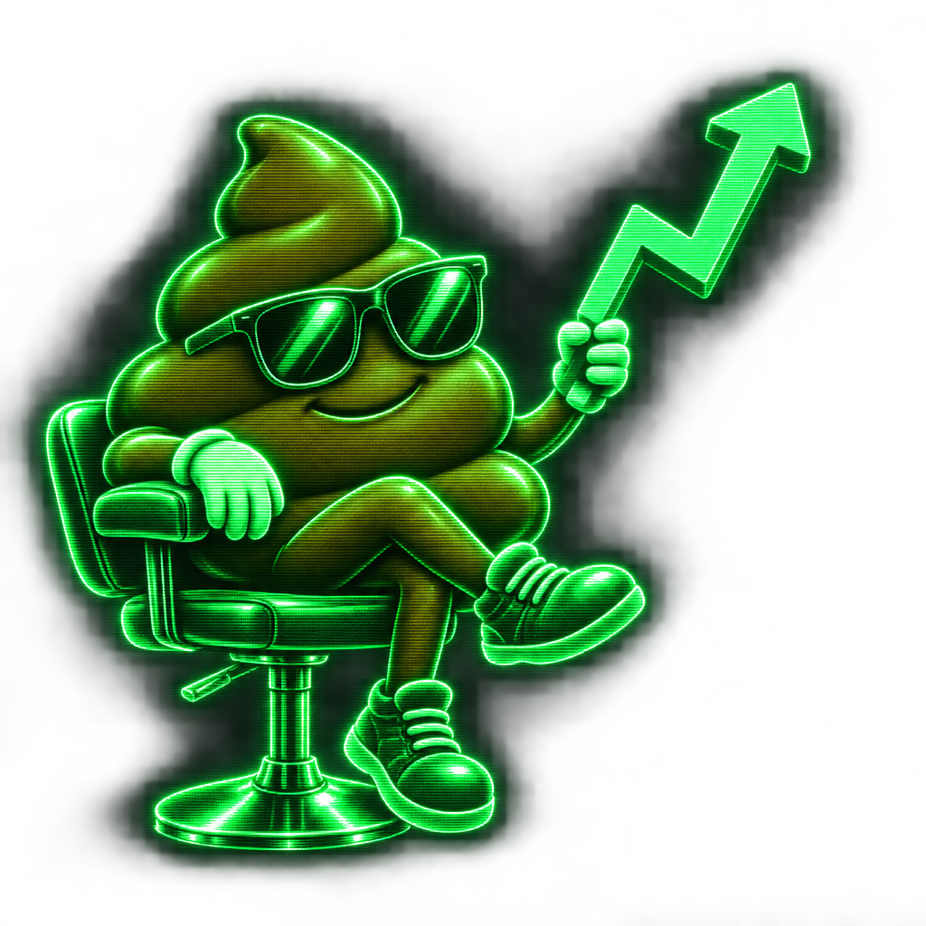 The PS500 mascot in sunglasses, seated in an office chair holding a glowing market arrow